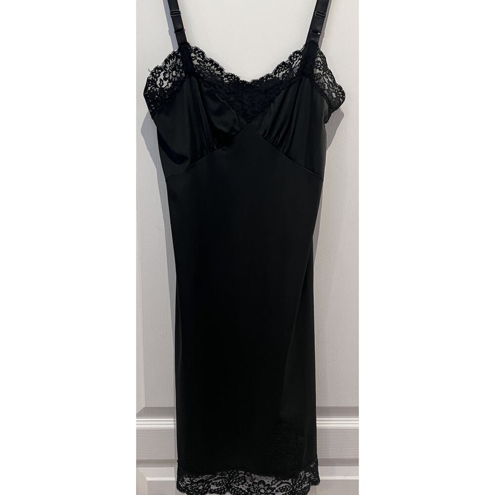 Vintage Rogers Black Satin Lace Slip Dress Chemise Nightgown XS Coquette Goddess